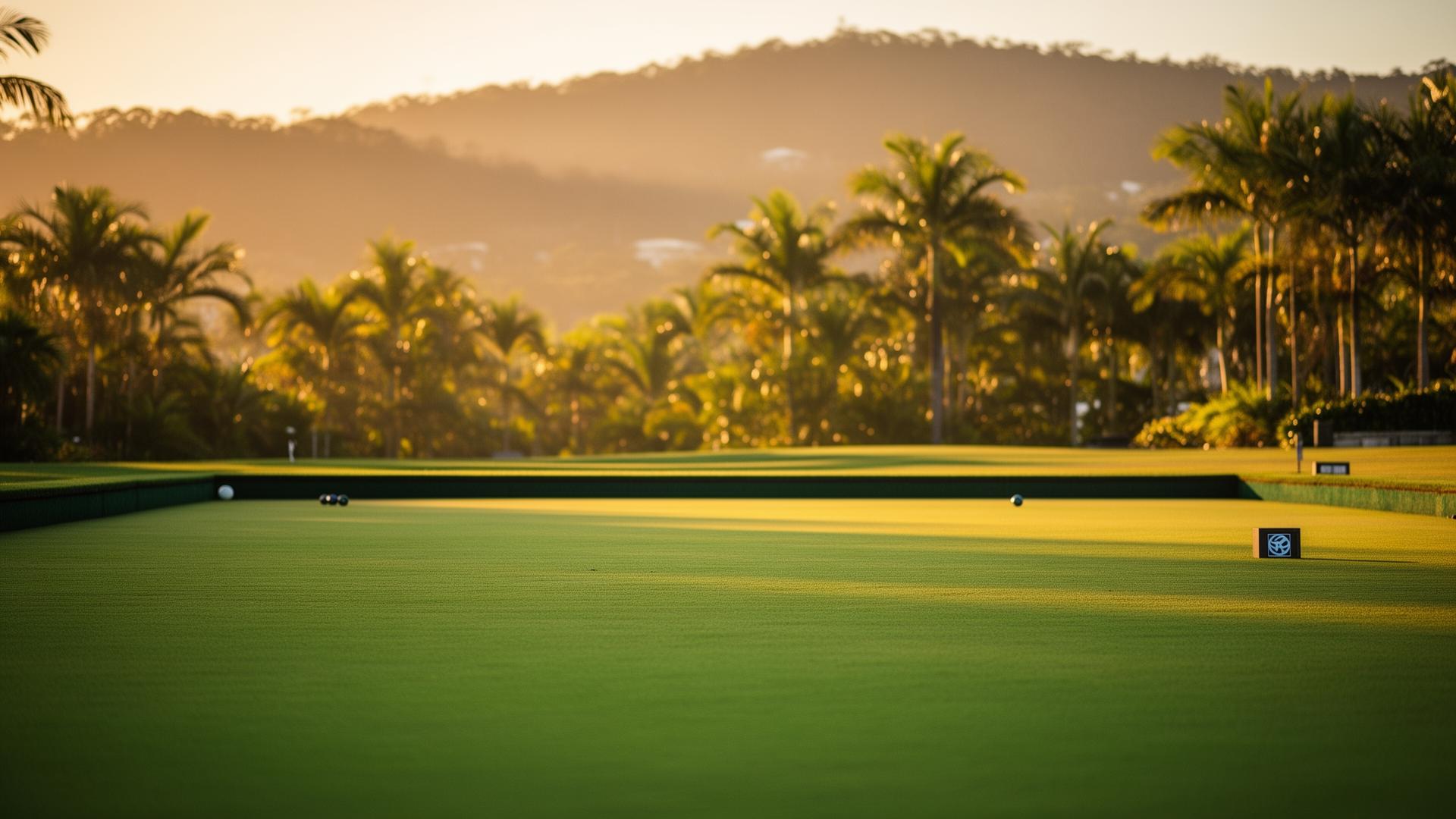 Lawn bowls green at golden hour at Palmwoods Community Club on the Sunshine Coast